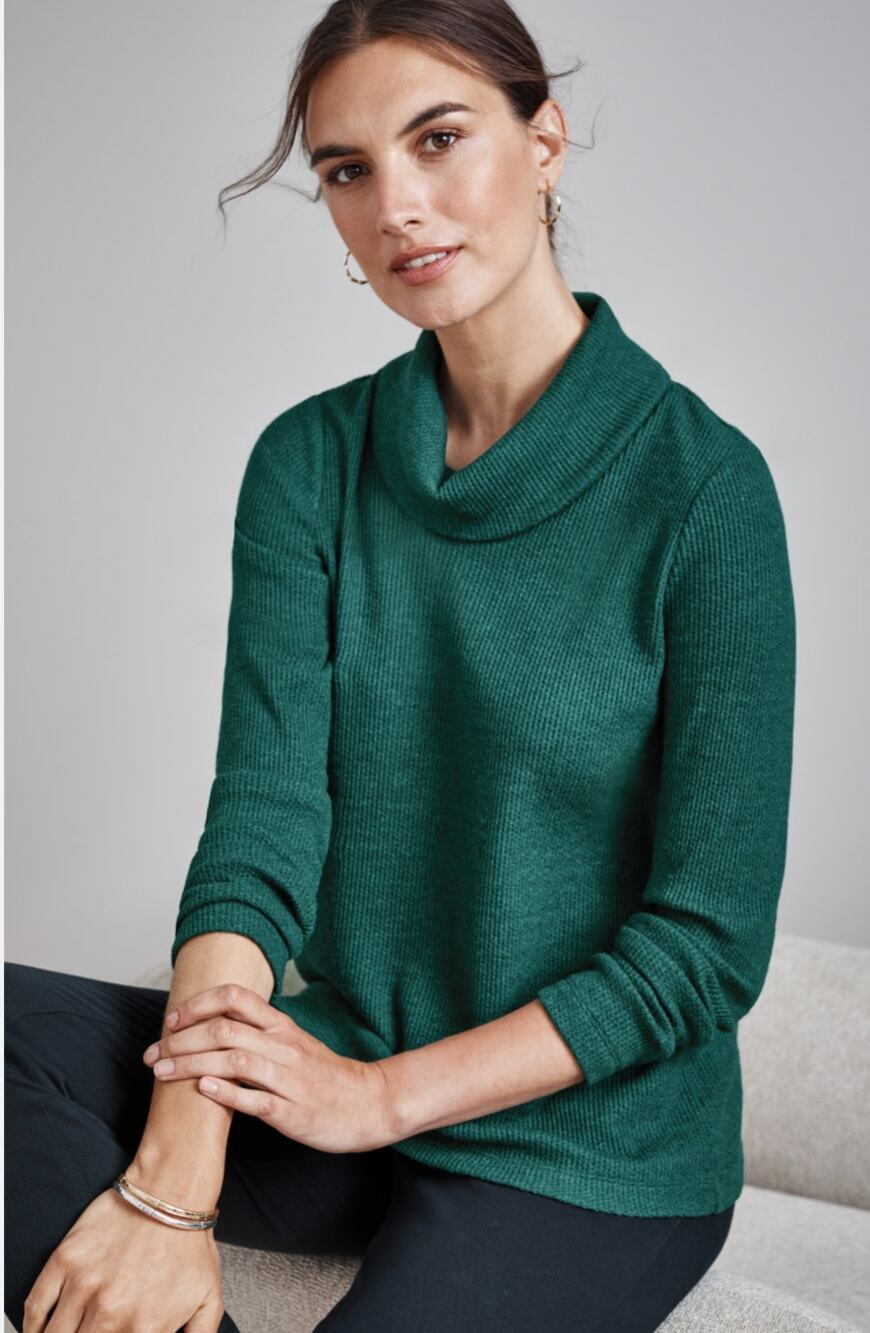 J. Jill Wearever Waffle Textured Cowl Neck Top Teal Green Size S